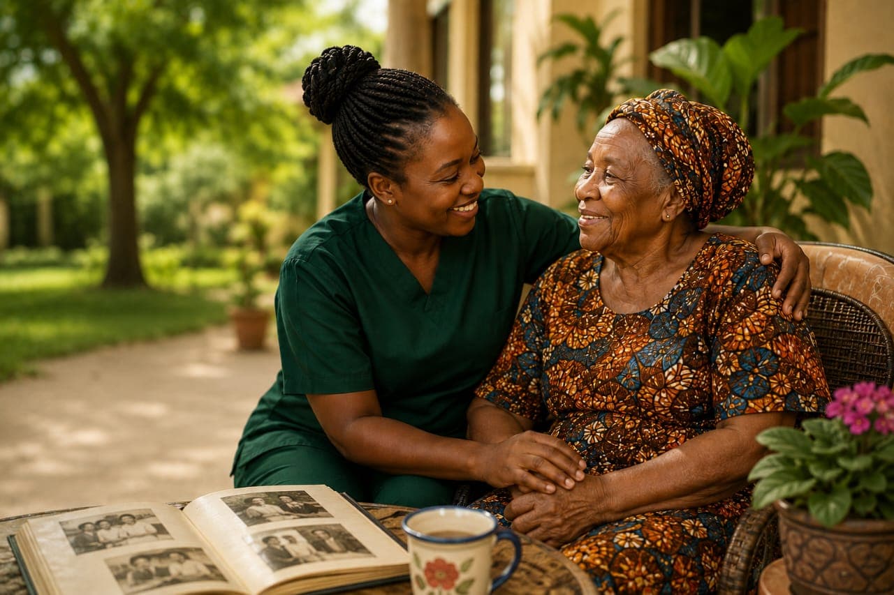 Caregiver supporting a woman in dementia care